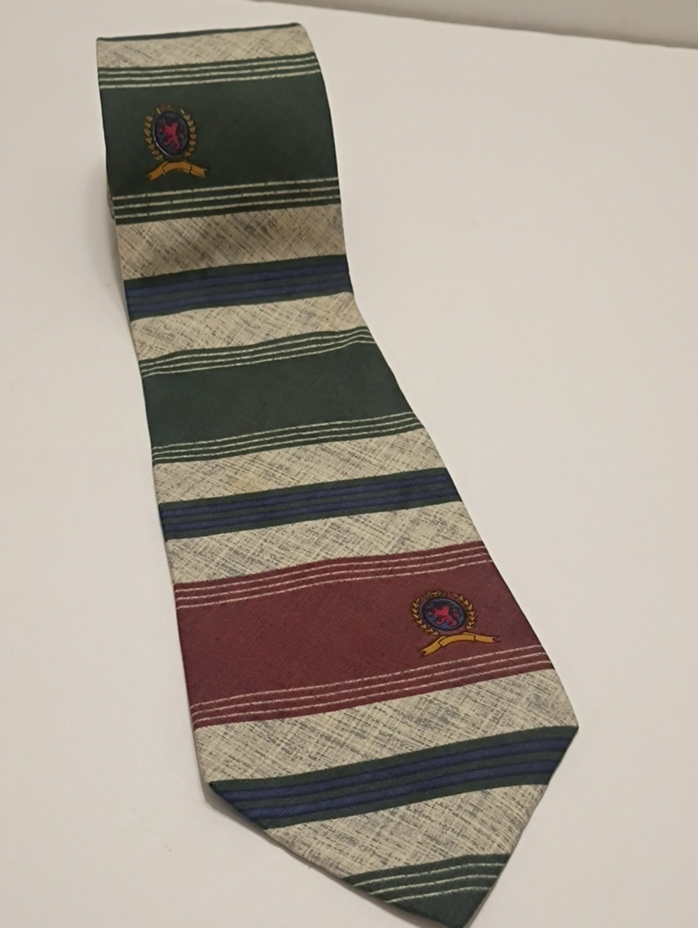 Tommy Hilfiger Green, Burgundy & Cream Striped Crest Tie 55"